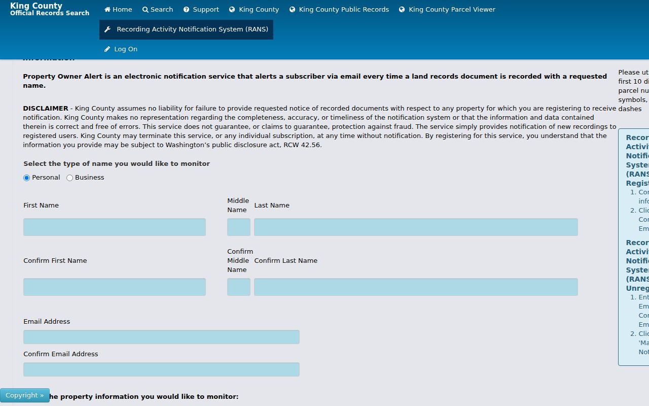 King County recording alert page for Mercer Island property records